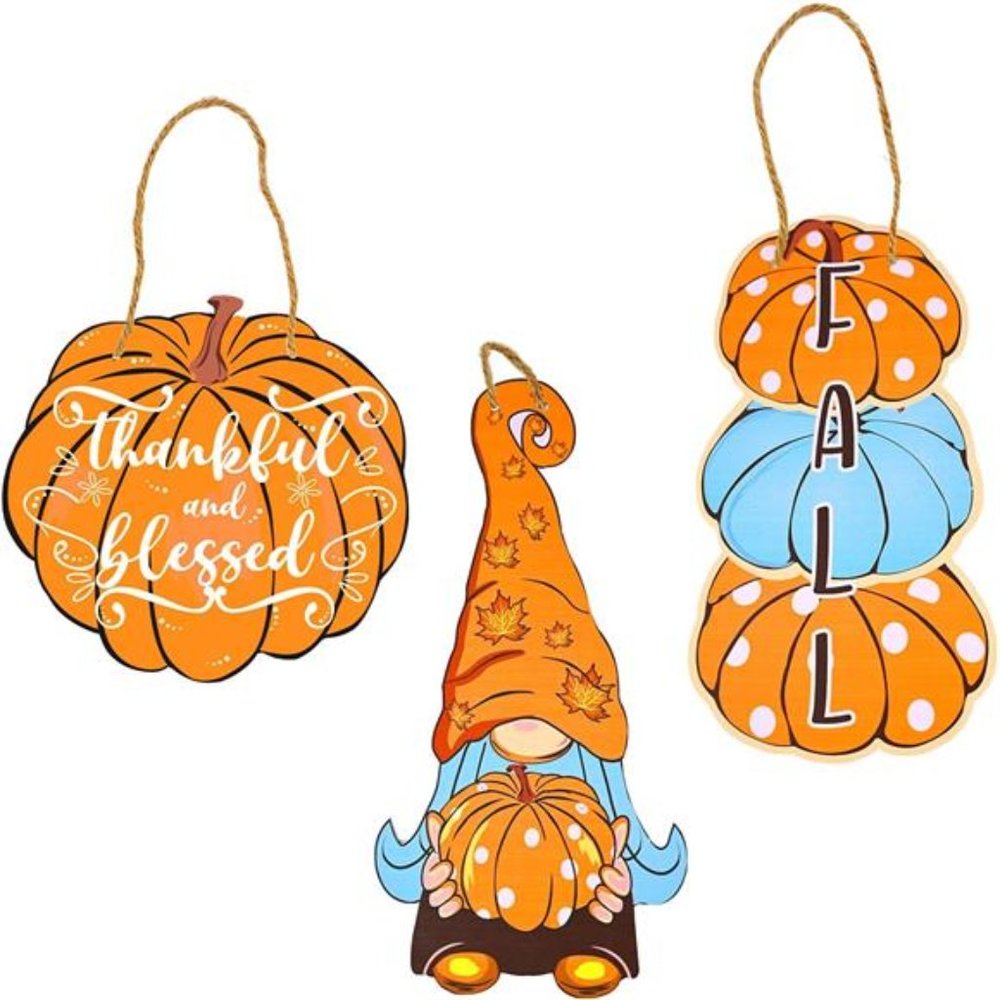 Fall Wood Door Hanging Decorations, Thankful & Blessed - Set of 3